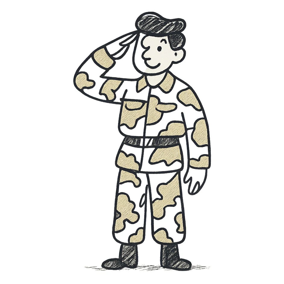 Remove the text from the chest, keep the little soldier with a camouflage uniform in beige, brown, and cream tones, saluting like a military figure, in a hand-drawn style. sticker