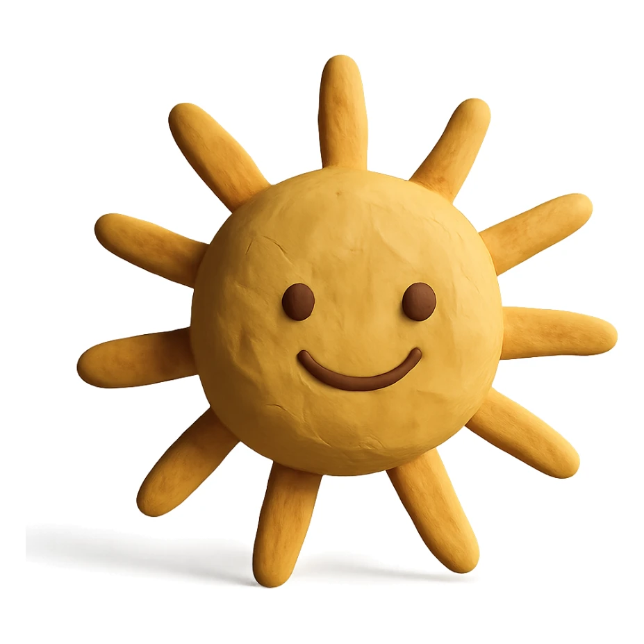 a smiling sun with rays, claymation style, pastel colors, visible fingerprints sticker