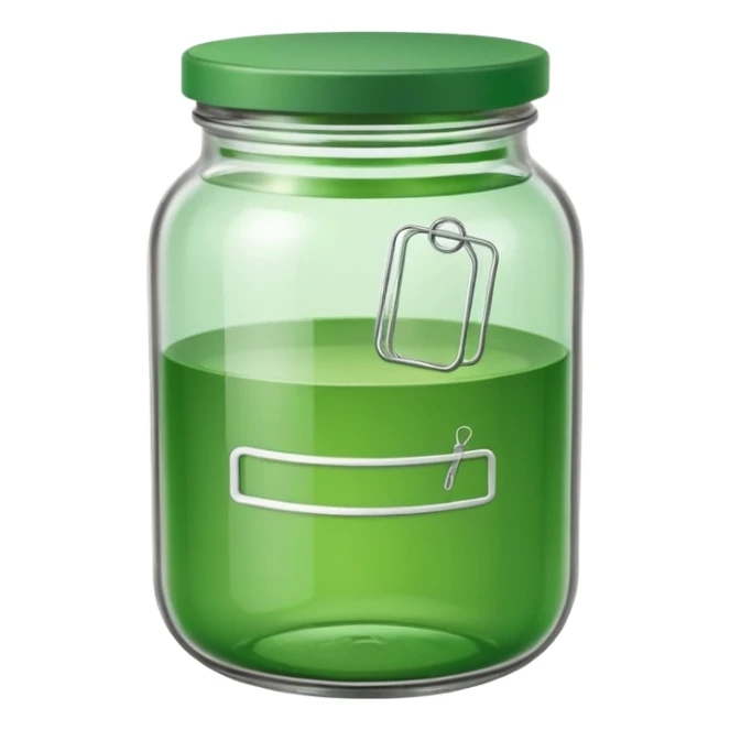 green jar emoji with green lid, containing three minimal monochrome icons inside: bookmark, photo symbol, and paperclip — simple, clean, flat design. sticker