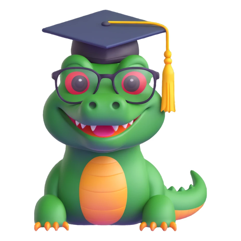 academic alligator wearing glasses and a graduation cap sticker