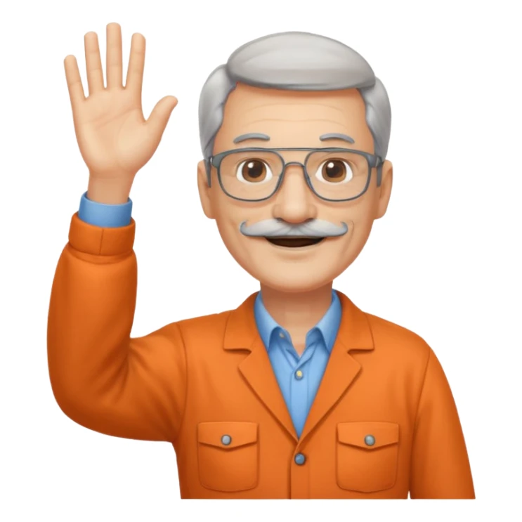 60 yr man with partially gray hair, mustache, light glasses, work clotheswaving hello sticker