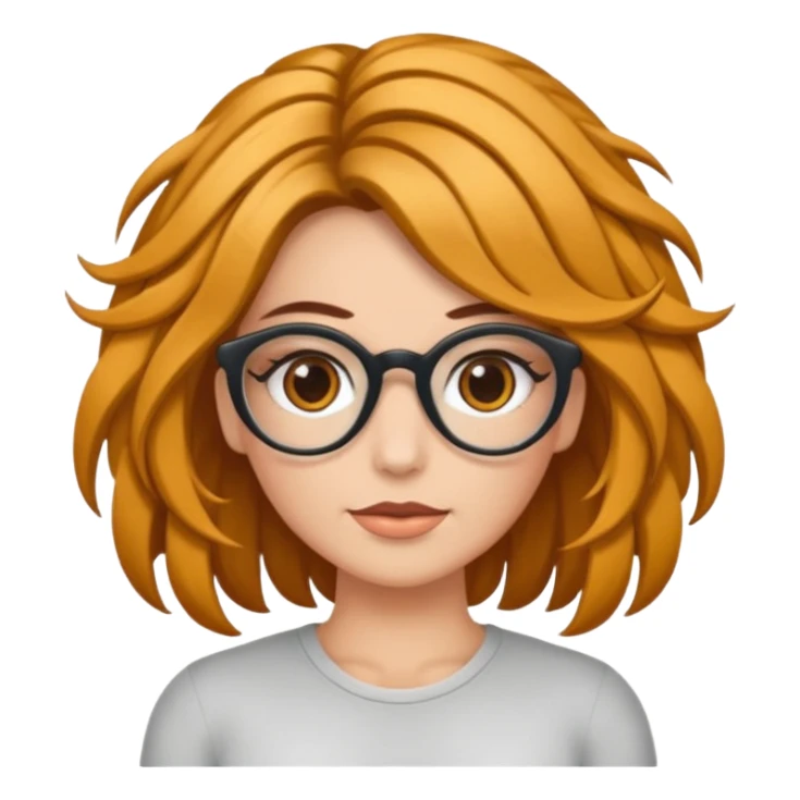 Uma garota de cabelos cacheados compridos e mechas loiras, com pele morena clara e óculos sticker