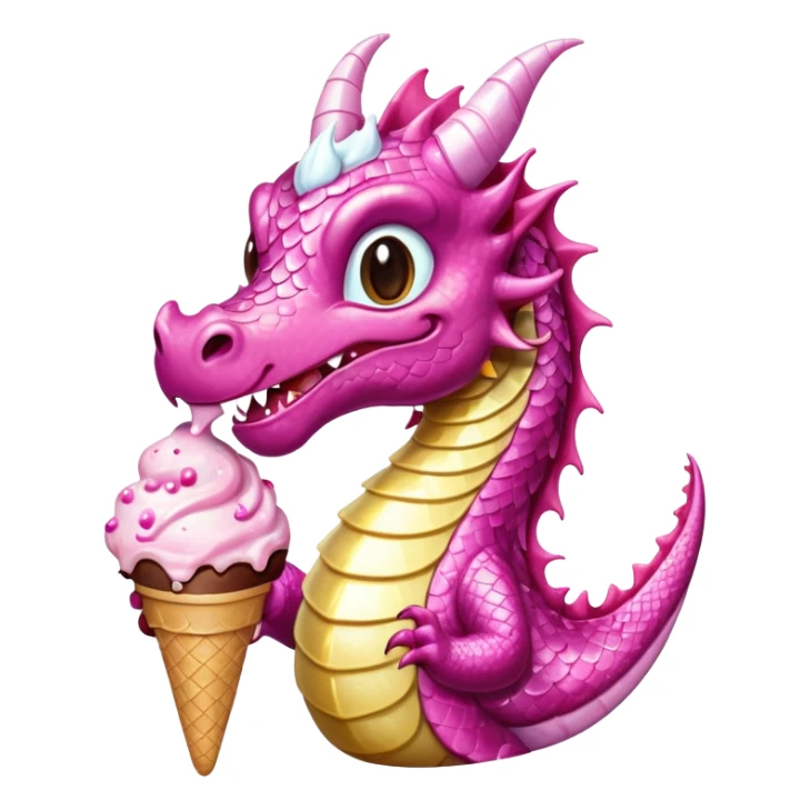 A shiny, glittery dragon in pink tones eats vanilla and chocolate ice cream sticker