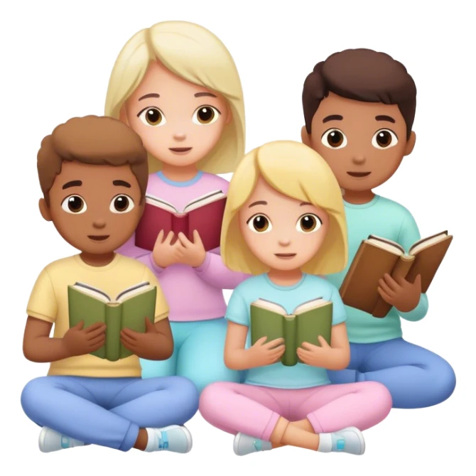 children in pastel clothes play with book sticker
