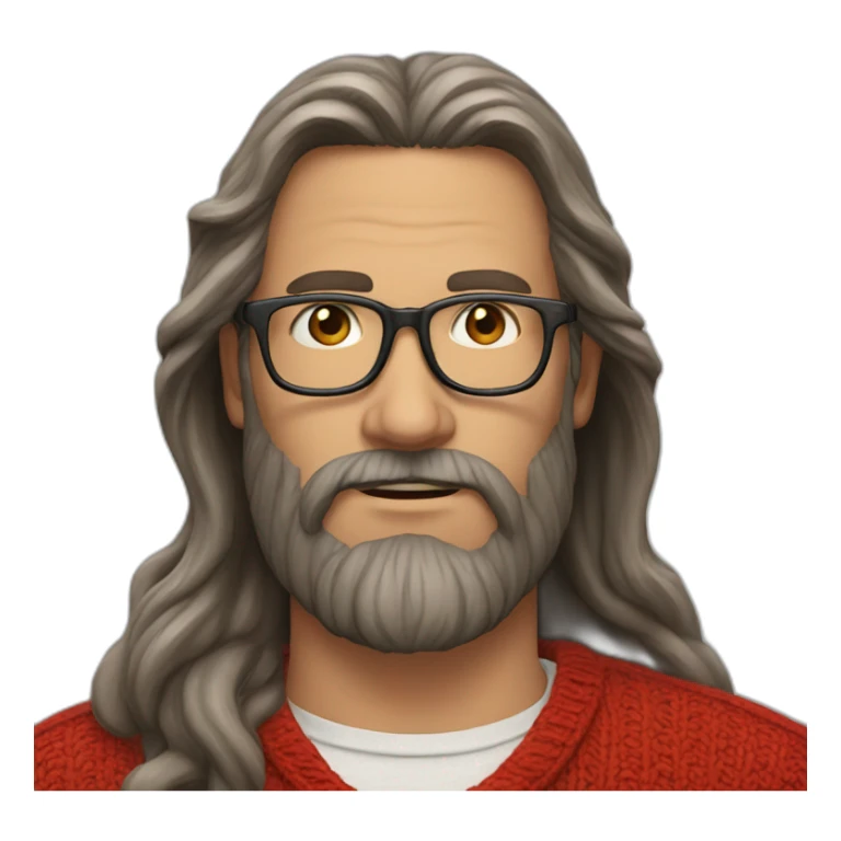 Middle age man with long beard and long hair and in glasses and in red sweater sticker