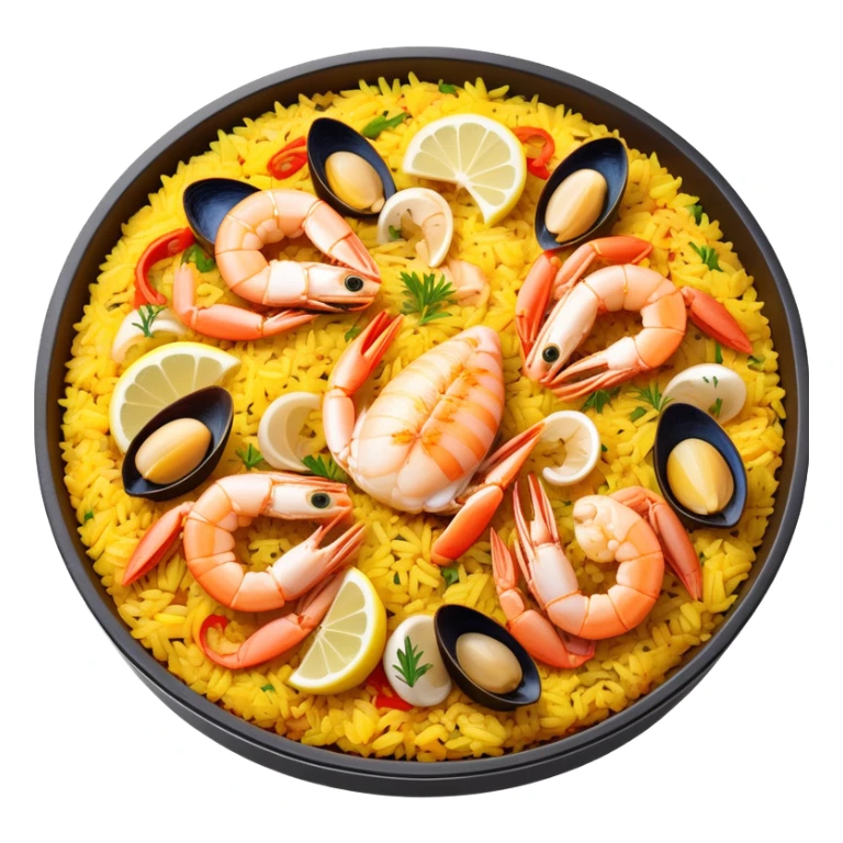 cinematic-realistic-paella-dish-emoji,-depicted-as-a-vibrant,-aromatic-rice-dish-loaded-with-seafood,-chicken,-and-saffron-rendered-with-rich-textures-and-dynamic,-warm-lighting with a lemon slice in the middle sticker