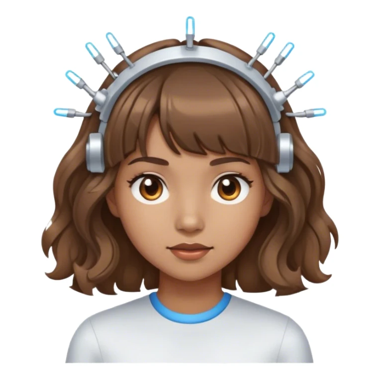 girl with wavy brown hair and bangs wearing electrodes on her head sticker