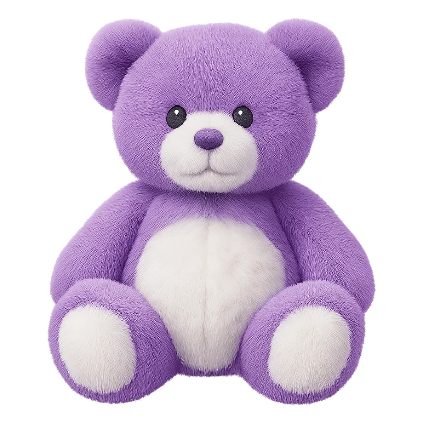 Change the teddy bear's fur to purple and white, keep it soft and plush, no shadows, flat lighting, no background. Remove the background completely to isolate the subject. sticker