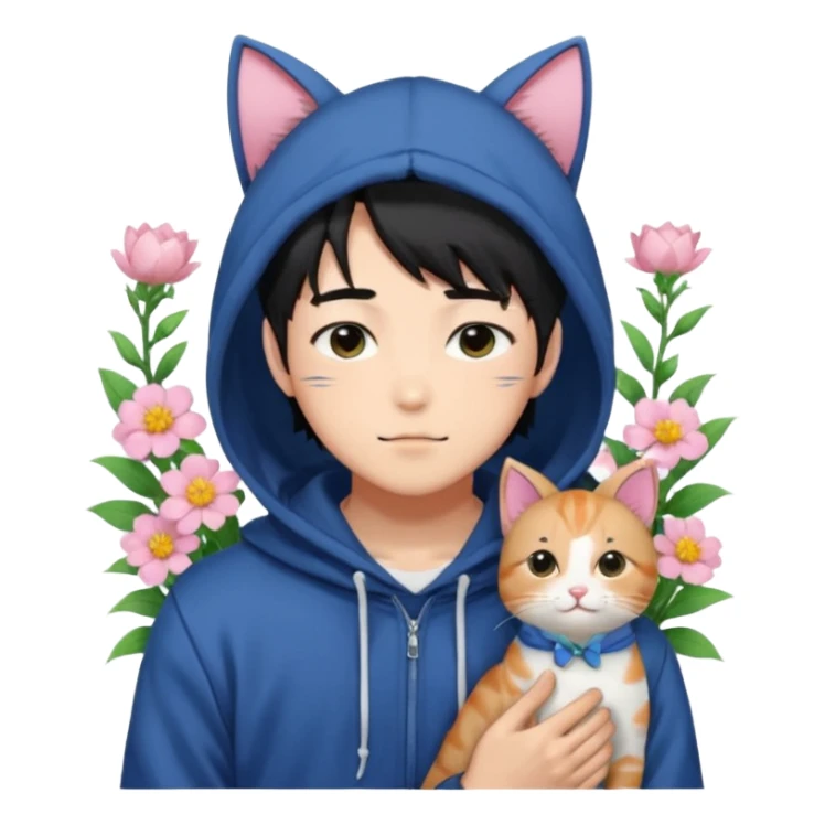 Gorgeous romantic anime style Asian shojo guy with cat ears and flowers and blushing face and hoodie aesthetic trending style outside sticker