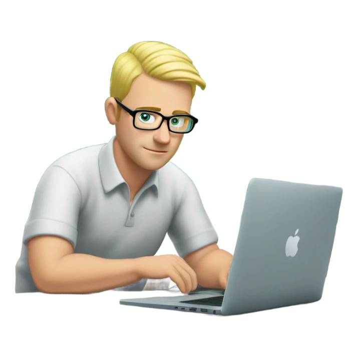 man looks 35 classes, european, tech nerd love pcb designing, blond short hair, blue eyes with specs behind macbook on with green pcb on the desk sticker