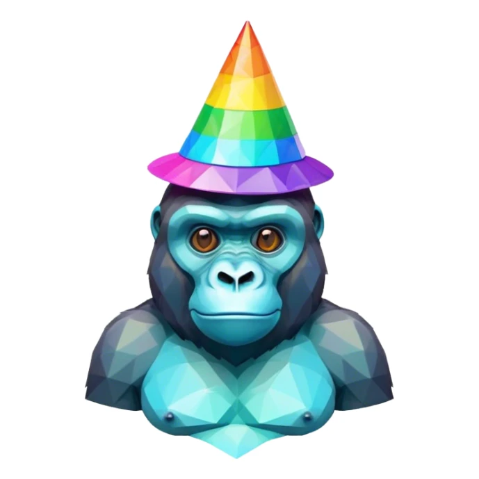 Low poly cyan gorilla with a party hat rainbow colored sticker