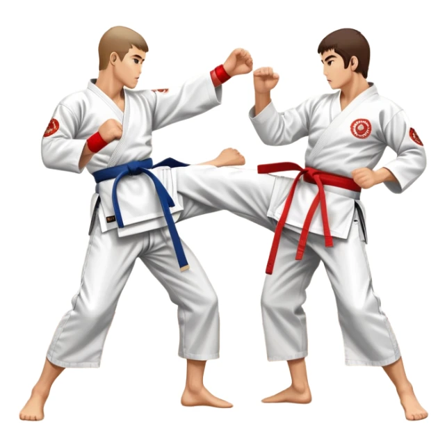 Two karate fighters in traditional gi sparring. One executes a high kick aimed at the opponent’s head, while the other blocks with a strong hand defense. The background features a classic dojo with wooden flooring and banners. Dynamic motion and focused expressions. Transparent background. sticker