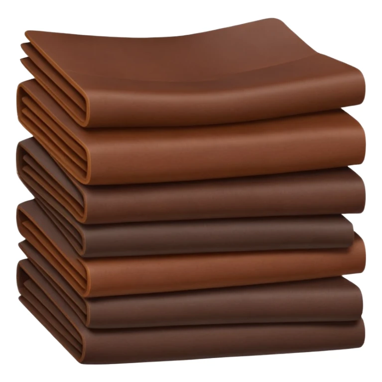 Apple-style 3D emoji of stacked folded sheets of leather fabric, soft but thick texture, dark brown or black, neat industrial look, shown like folded textile. sticker