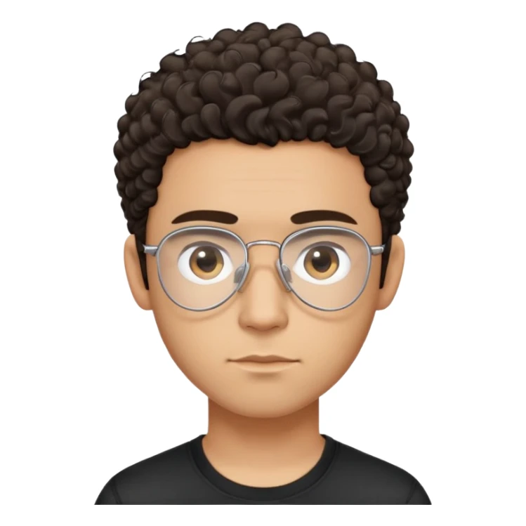 Latino man with light brown complexion, small face and prominent forehead, clear lens teardrop-shaped aviator eyeglasses with metal frame, totally shaved sides with very minimal dark curly hair only on top, gentle expression, simple black t-shirt sticker