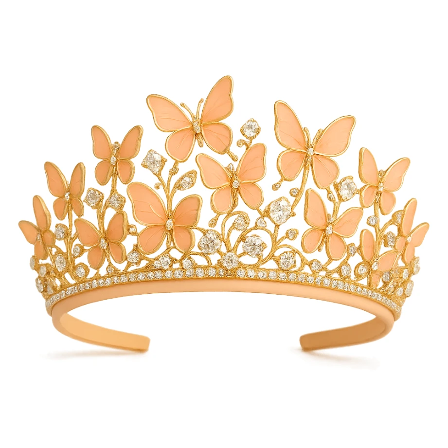 butterfly crown with a soft orange base, butterflies in pastel orange enamel, sparkling gems sticker