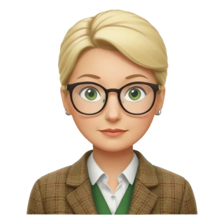 older teacher with hair pulled back into a blonde bun green eyes and glasses sticker