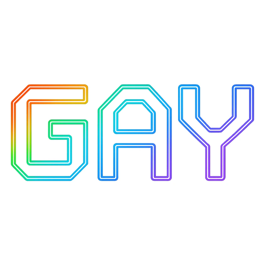 the word GAY in a futuristic digital font with rainbow neon sticker