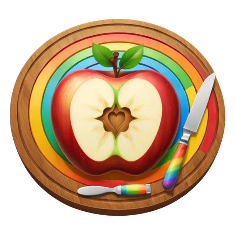 A round wooden board with a whole apple and several slices on it and knife, with a rainbow outline sticker