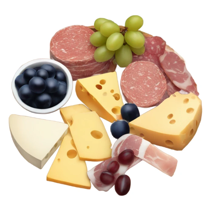 charcuterie board with assorted cheeses, meats, grapes, fruits, and garnish sticker