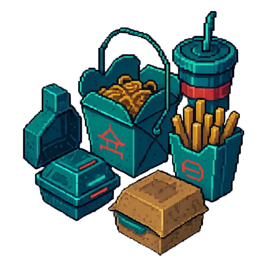 cyberpunk futuristic, 3d isometric, item image, video game item, inventory icon, the image depicts a small box of takeout, takeaway, chinese takeout food, delivery food. futuristic drive-through sandwich boxes, fries, bag and drink. dystopian. pixelated retro video game graphics sticker