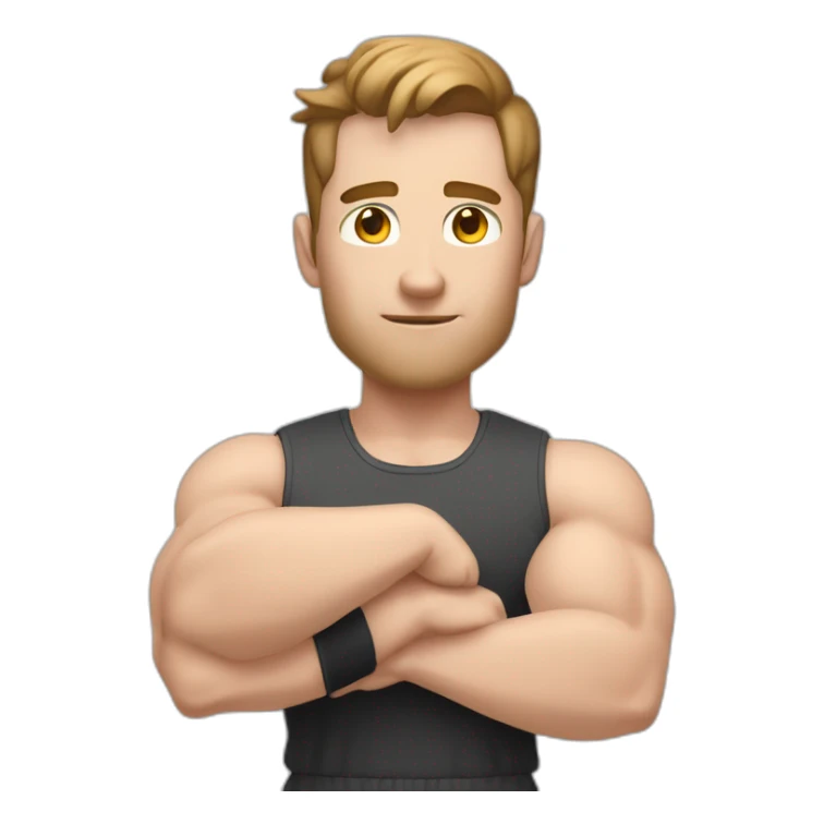 Close up Actively gesturing  with hands Pale skinned Fit Man With the biceps and brown hair in dark gray Sleeveless Mike, black oversize sports shorts, watch and white Sneakers sticker
