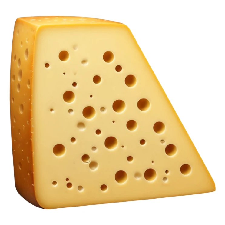 Comté cheese wedge with firm pale yellow interior, natural brownish dry rustic rind, smooth slightly grainy texture with tiny irregular holes, creamy body, clean 3D look, soft lighting, no board or extra elements, no faces, emoji scale sticker