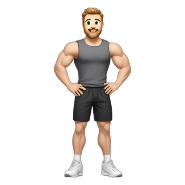 Full height Actively gesturing with hands Pale skinned Fit Man With the biceps and brown hair in dark gray Sleeveless Mike, black oversize sports shorts, watch and white Sneakers sticker