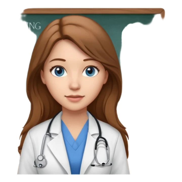 university classroom that says nursing school on the blackboard with a pretty female nursing student with long brown hair, blue eyes sticker