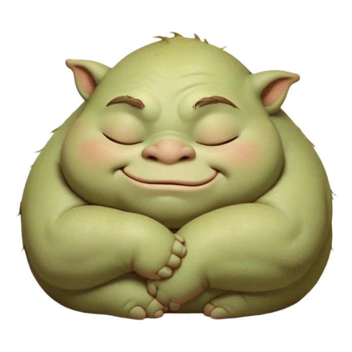 Meme-Worthy Cute Sleeping Ogre Portrait Emoji, with a surprisingly endearing, plump figure in soft earthy greens and browns, head drooping gently with closed, relaxed eyes and a content, sleepy grin, simplified yet adorably detailed, glowing with a soft warm outline that captures the peaceful slumber of a friendly ogre after a day of gentle mischief! sticker