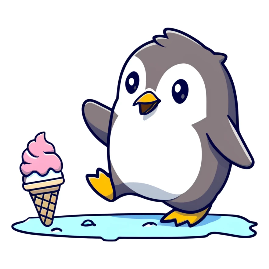 Clumsy penguin slipping on ice with ice cream cone sticker