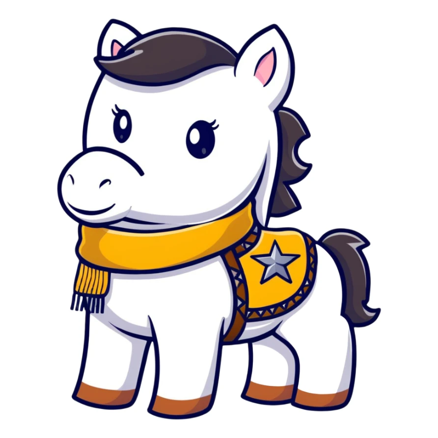 A cartoon stuffed pony with a sheriff star on its saddle blanket sticker