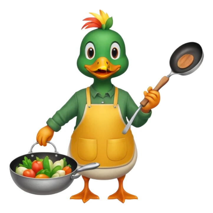 A duck holding a frying pan with vegetables, wearing green apron sticker