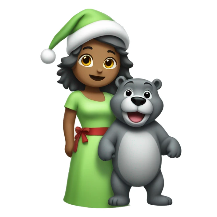 Santa wearing light green dress and hat holding a baloo sticker