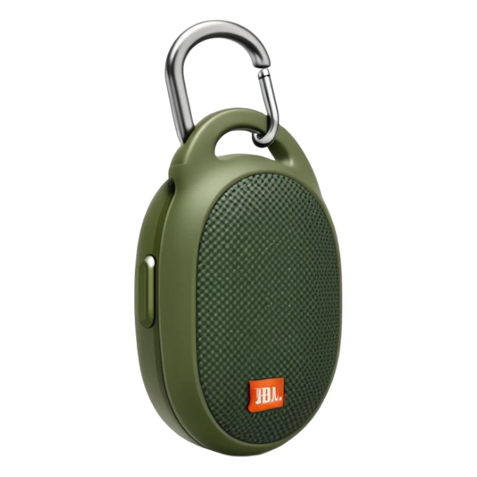 Super simplified JBL Clip 4 speaker, abstract oval shape with tiny carabiner and minimal green camo dots, iOS emoji style sticker