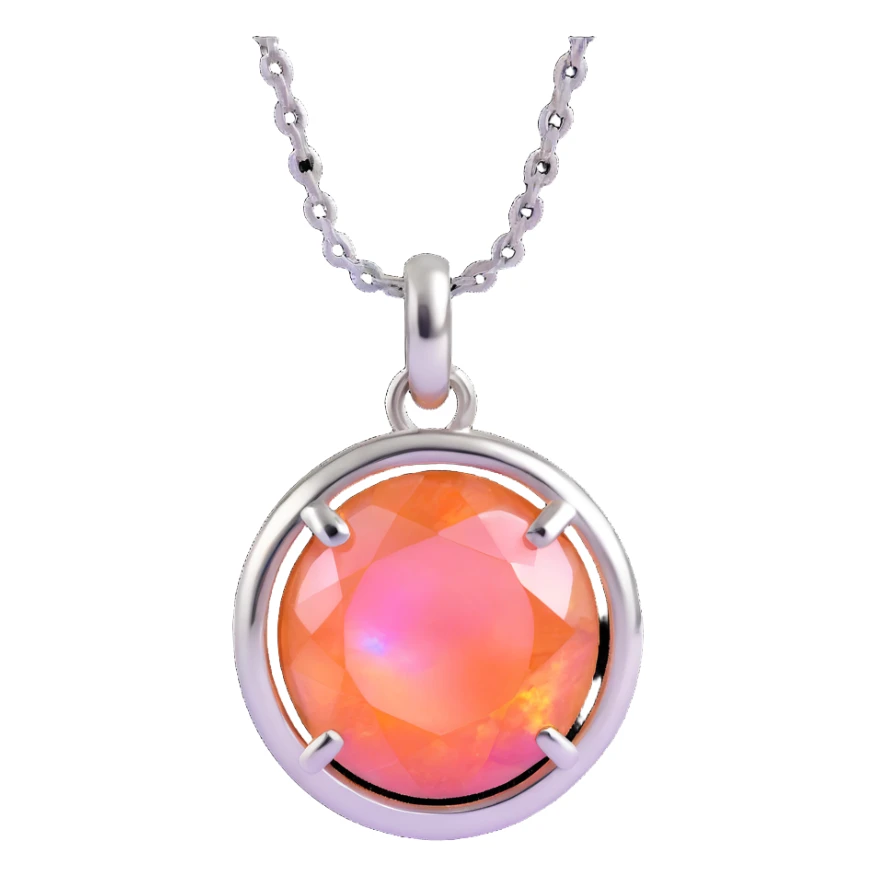 close-up round cut pink fire opal charm with intense iridescent pink and orange colors, silver setting, silver jump ring sticker