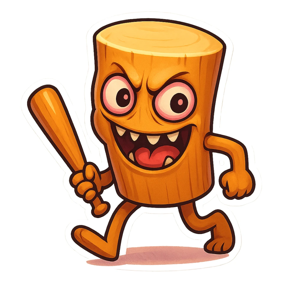  image of absurd wooden stick-man creature, drum-like cylindrical body, holding baseball bat, cartoon style, bright vivid colors, expressive face, dynamic pose, a bit creepy yet funny,  sticker