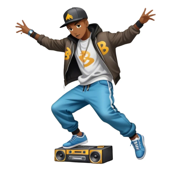 Icon for Street Dance: a dancer in urban streetwear performing a dynamic lower breakdance move, with a spray-painted background and a boombox on the asphalt. The icon should capture the energy, style, and creativity of street dance culture. Transparent background. sticker