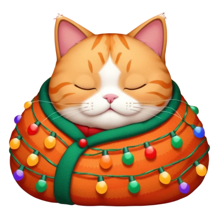 fat, sleeping cat wearing a christmas sweater wrapped in christmas lights sticker