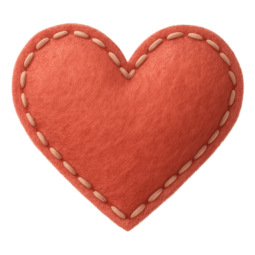 Heart with a stitched felt look, no background, digital illustration, tactile texture, style of a heart made of stitched felt fabric with visible stitches and texture, transparent background. sticker