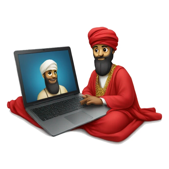A caliph with turban and red clothes writing in a laptop sticker