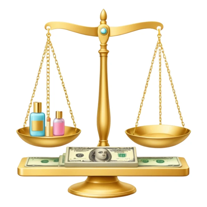 gold scale with dollars on one side and beauty products on the other sticker