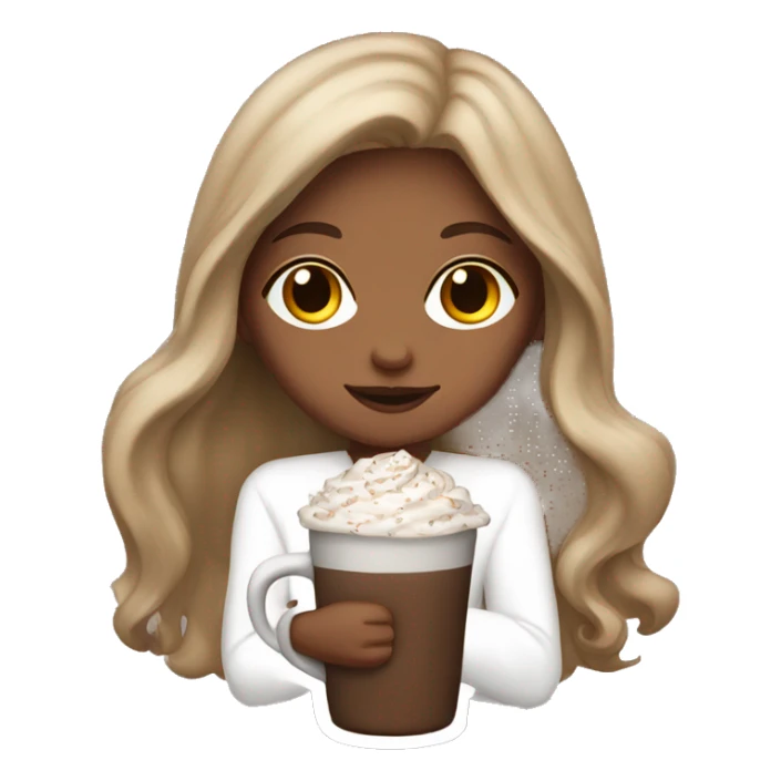 white girl with brown long hair and a hot chocolate sticker