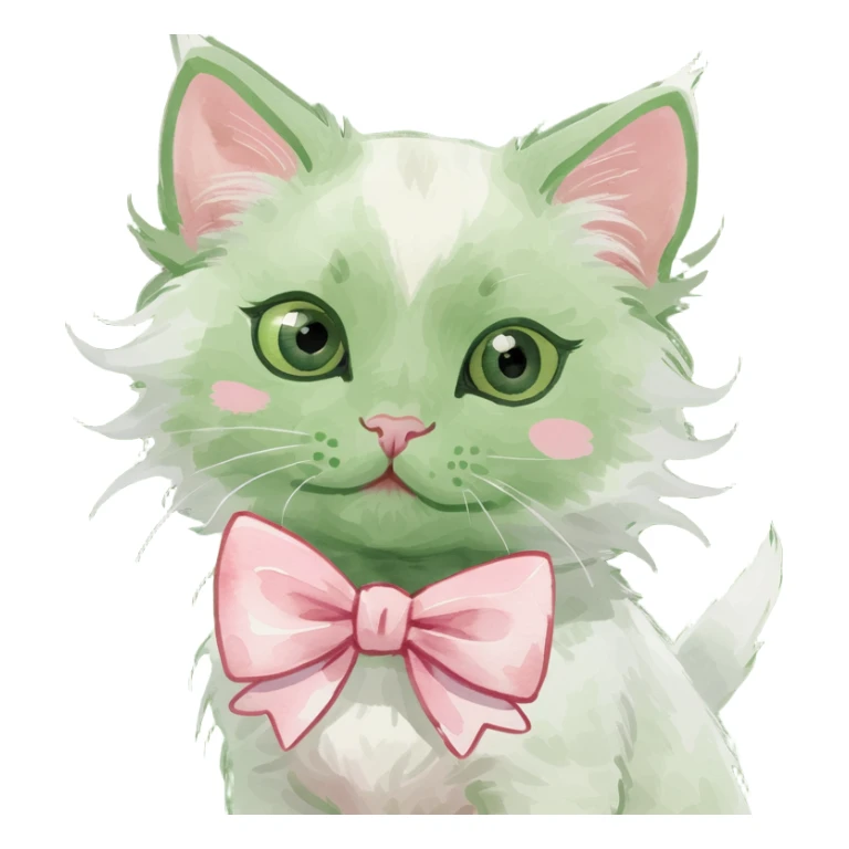 cute fluffy white kitten with a light pink bow, watercolor art style sticker