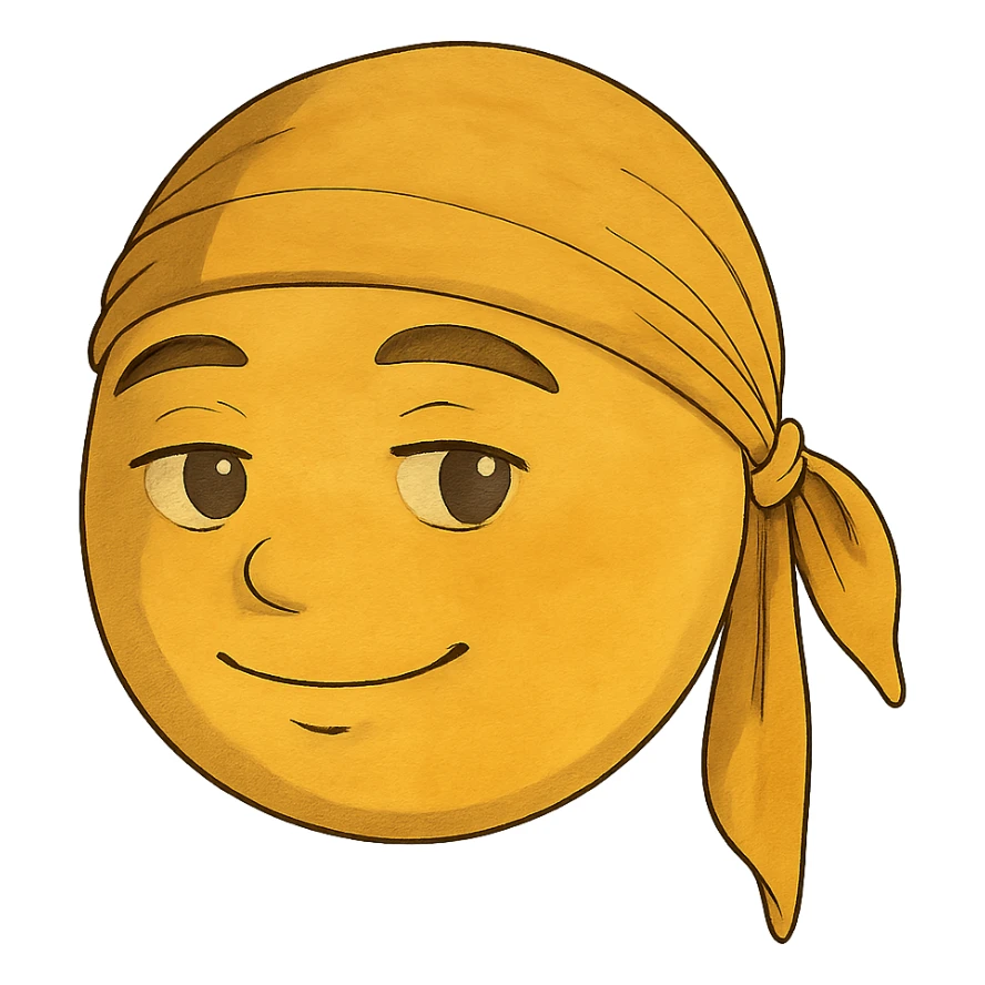 ghibli style yellow slick emoji face wearing a durag sticker