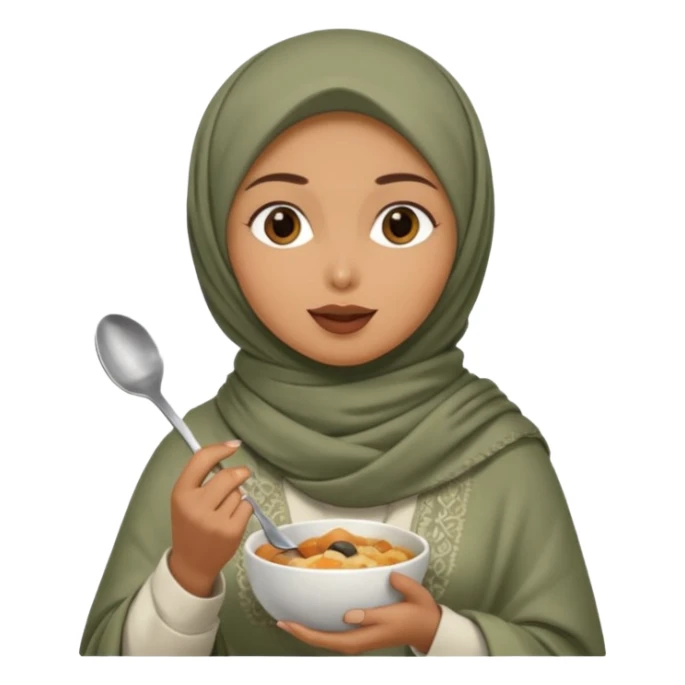 a woman wearing a pashmina hijab is eating while holding a spoon sticker