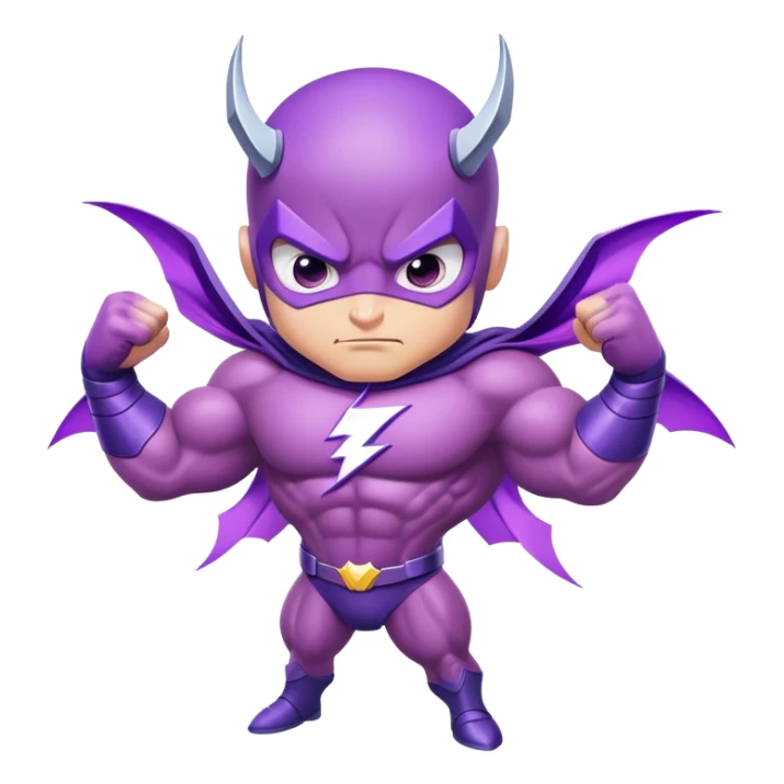 cute purple insect superhero with determined confident eyes, bulging biceps and muscles, electric lightning extending from arms, and a cool smirking expression sticker