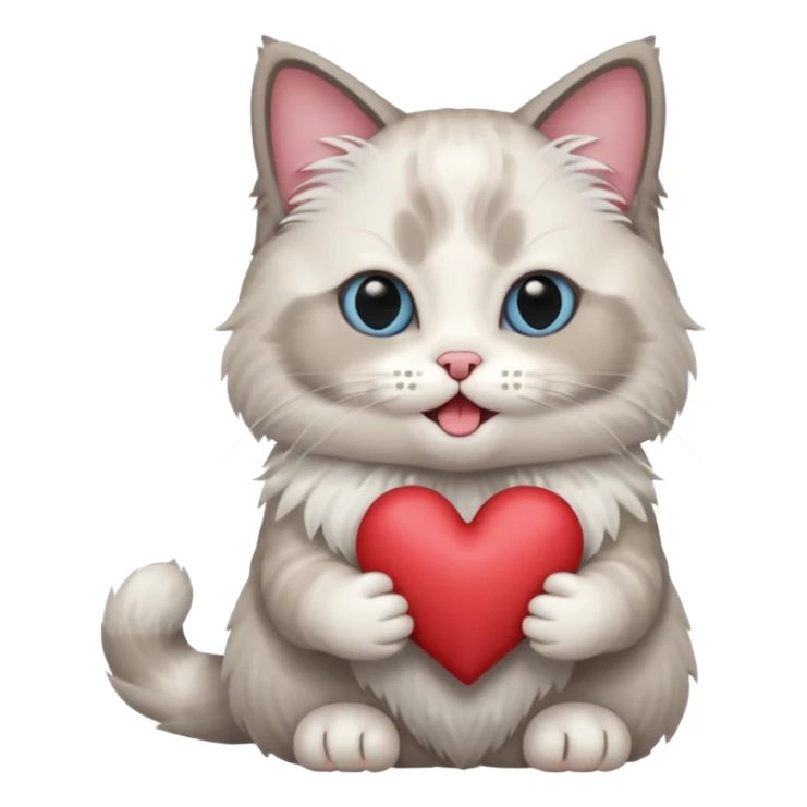 Full body ragdoll Cat holding a heart and mouth open, blush on cheeks sticker