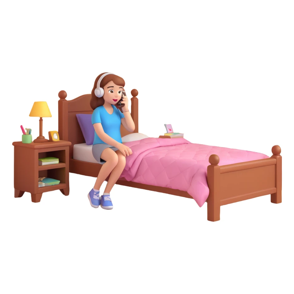 girl talking on phone bedroom background, close up pose sticker