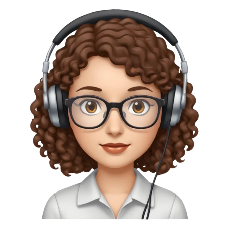 White female  Long Brown curly hair  Dark brown eyes  Small Square glasses  Headset  sticker