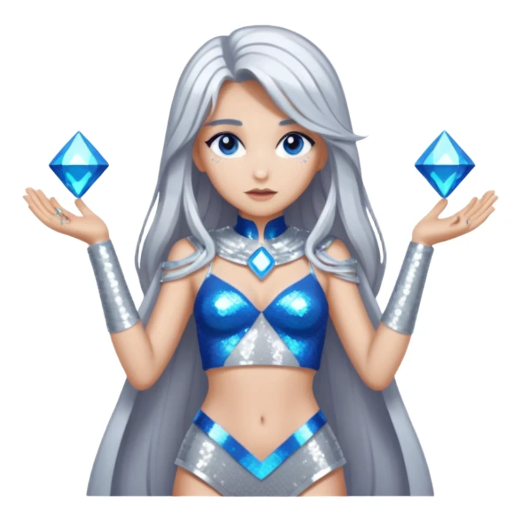 Athena from Lore Olympus with long silver hair, silver sequin outfit sticker